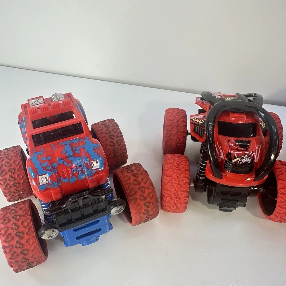 Lot of 4 Friction Propel Cars Push 'n Go Jeep Monster Truck Yellow Tractor Racer